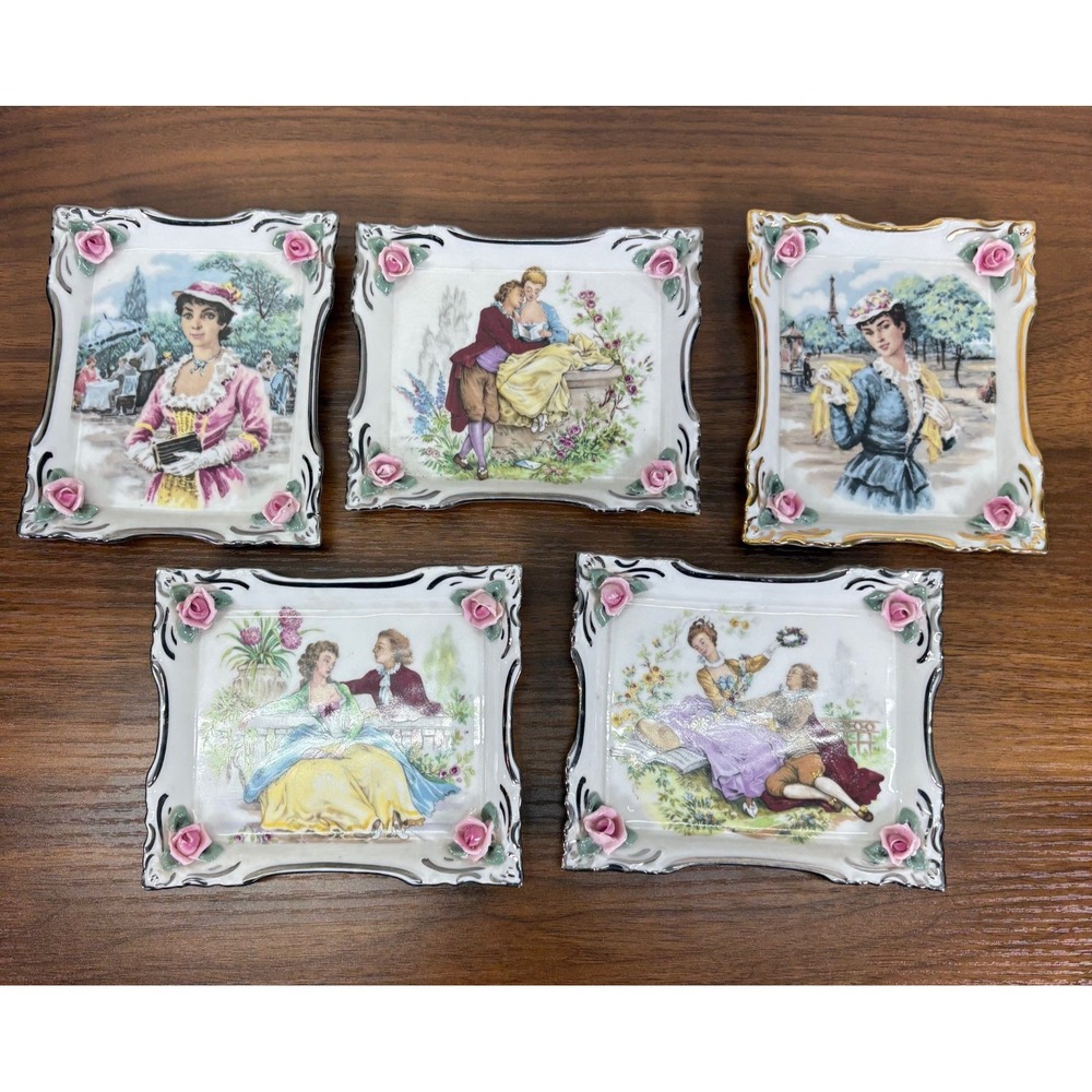 Dresden Germany‎ Porcelain Trinket Dishes and Wall Decor Elevated Roses Lot of 5
